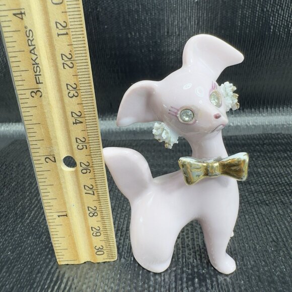 Thames Pink Ceramic Poodle Figurines Gold Bows Rhinestone Eyes Spaghetti Set 3 - Picture 5 of 15